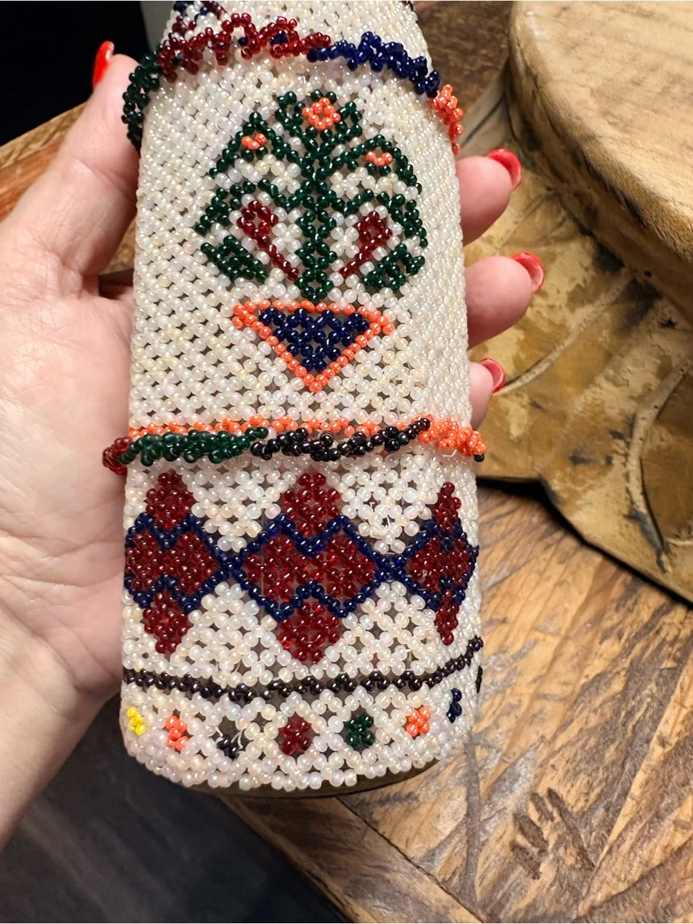Vintage 1970’s Ethnic Tribal Handmade Beaded Decorative Glass Bottle 9” Tall